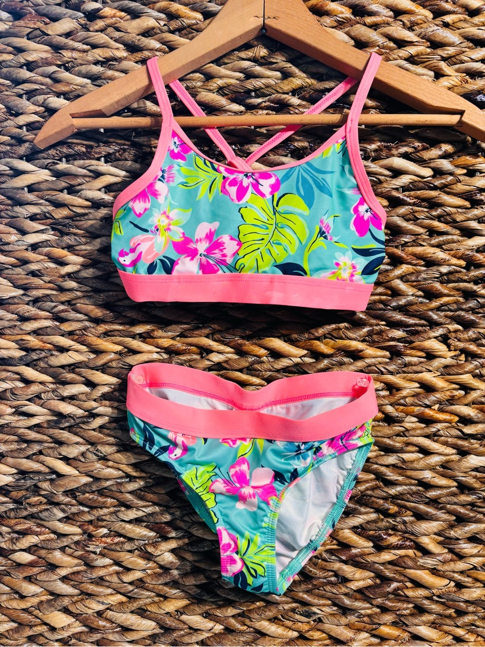 Lands' End Tropical Floral Girls Two-Piece Swim Set in Aqua and Pink